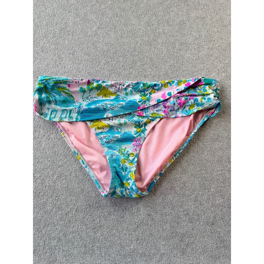 Lilly Pulitzer Get Trashed Bikini Bottoms Blue Pink Tropical Ruched Low Rise 12